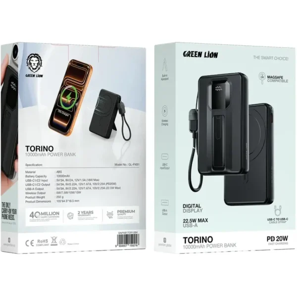 پاوربانک 20 وات گرین لاین مدل Torino با ظرفیت 10000 میلی آمپر