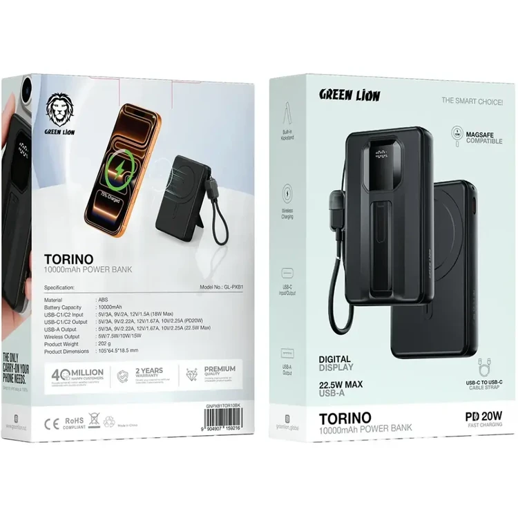 پاوربانک 20 وات گرین لاین مدل Torino با ظرفیت 10000 میلی آمپر