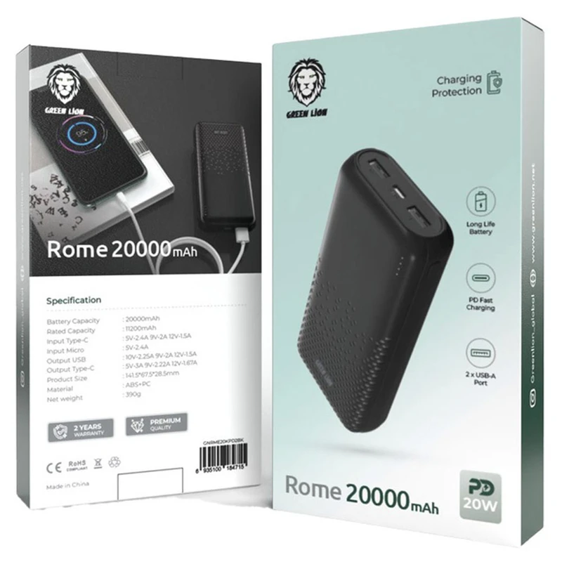 پاوربانک 20 وات گرین لاین مدل Rome با ظرفیت 20000 میلی آمپر